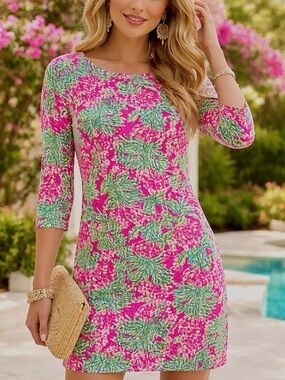 Lilly Pulitzer Pineapple Print Dress Pink Green 3/4 Sleeve Cotton Size Small